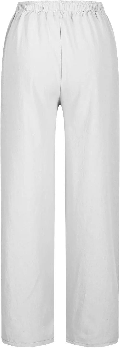 2025 Linen Pants Women High Waist Elastic Drawstring Lounge Trousers Casual Lightweight Side Split Summer Beach Pants