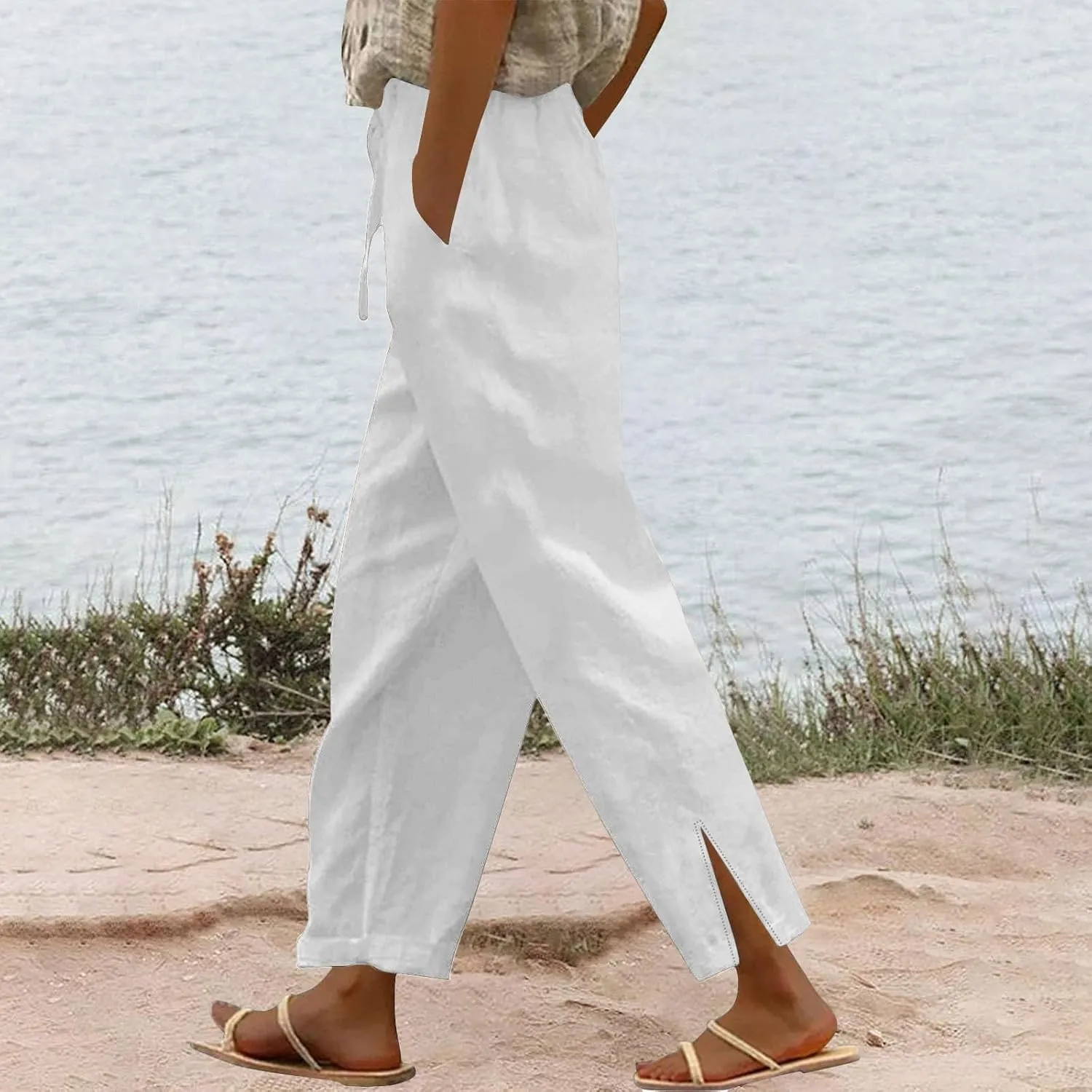 2025 Linen Pants Women High Waist Elastic Drawstring Lounge Trousers Casual Lightweight Side Split Summer Beach Pants