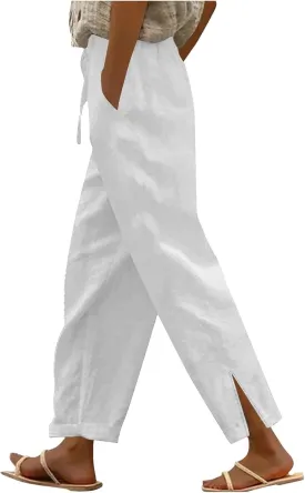 2025 Linen Pants Women High Waist Elastic Drawstring Lounge Trousers Casual Lightweight Side Split Summer Beach Pants
