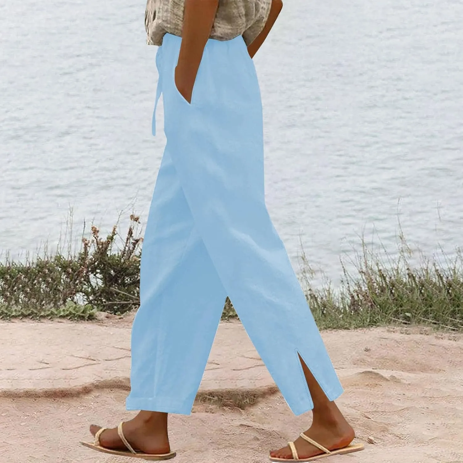 2025 Linen Pants Women High Waist Elastic Drawstring Lounge Trousers Casual Lightweight Side Split Summer Beach Pants