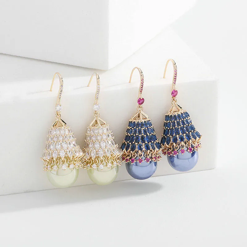 925 Silver Needles Vintage Pearl Skirt Shape Design Shining Boho Earrings