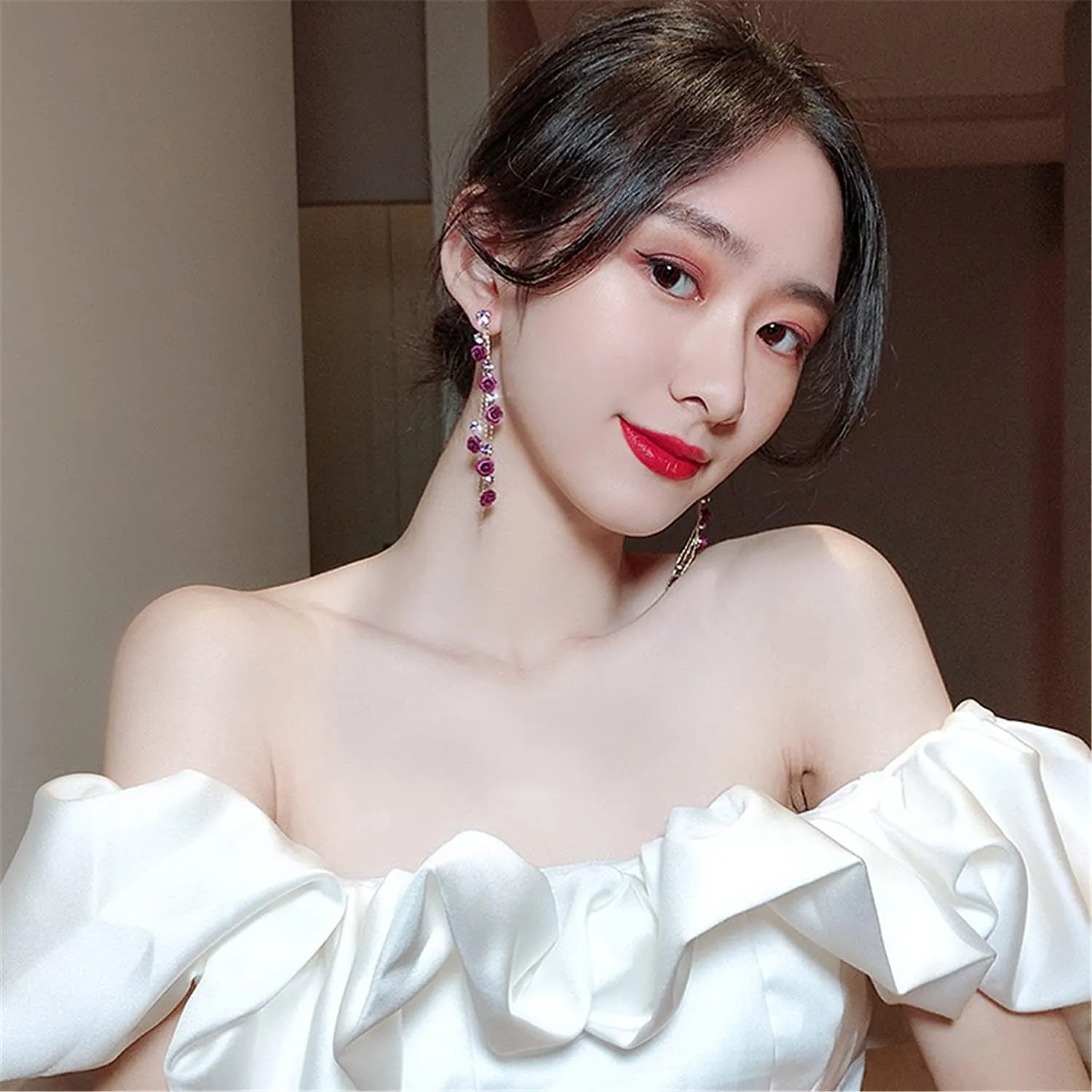 ANDPAI Unique Chic Long Tassel Chain Red Purple Rose Flower Dangle Drop Stud Earrings with White Sparkly Crystal for Women Statement Jewelry Gifts
