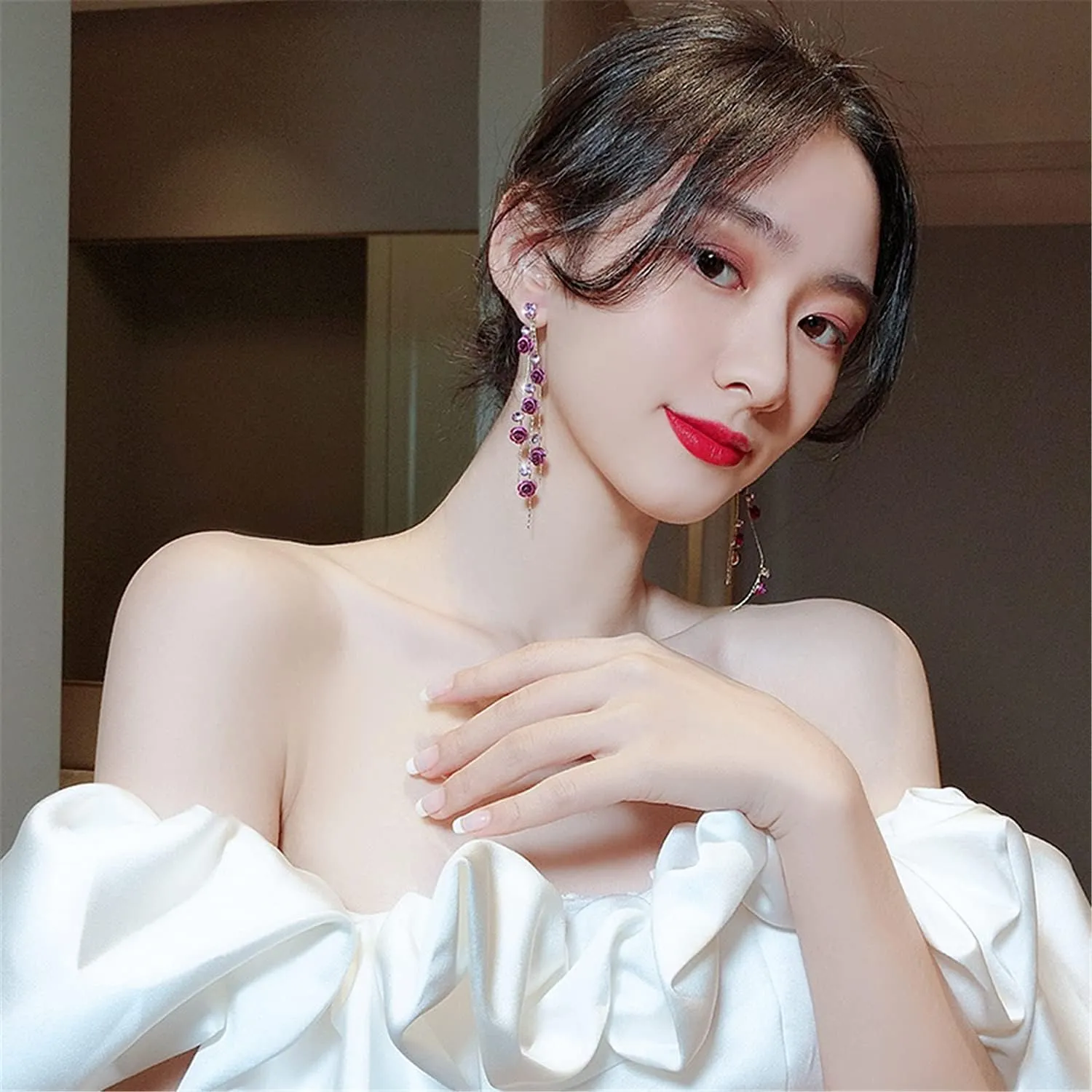 ANDPAI Unique Chic Long Tassel Chain Red Purple Rose Flower Dangle Drop Stud Earrings with White Sparkly Crystal for Women Statement Jewelry Gifts