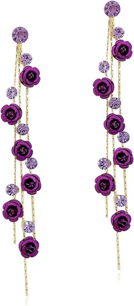 ANDPAI Unique Chic Long Tassel Chain Red Purple Rose Flower Dangle Drop Stud Earrings with White Sparkly Crystal for Women Statement Jewelry Gifts