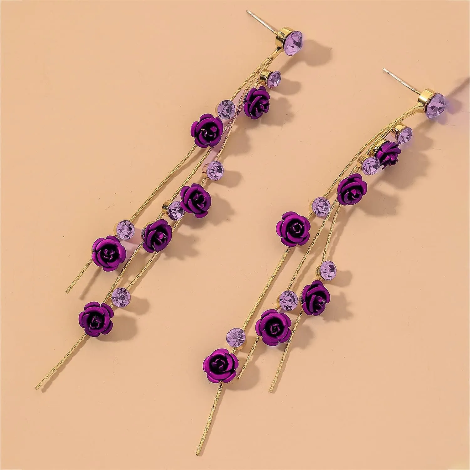 ANDPAI Unique Chic Long Tassel Chain Red Purple Rose Flower Dangle Drop Stud Earrings with White Sparkly Crystal for Women Statement Jewelry Gifts