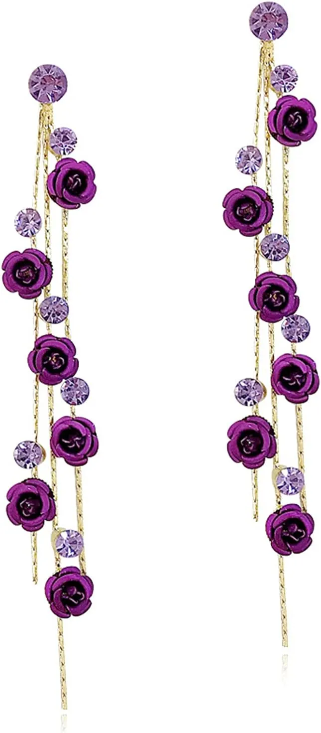 ANDPAI Unique Chic Long Tassel Chain Red Purple Rose Flower Dangle Drop Stud Earrings with White Sparkly Crystal for Women Statement Jewelry Gifts