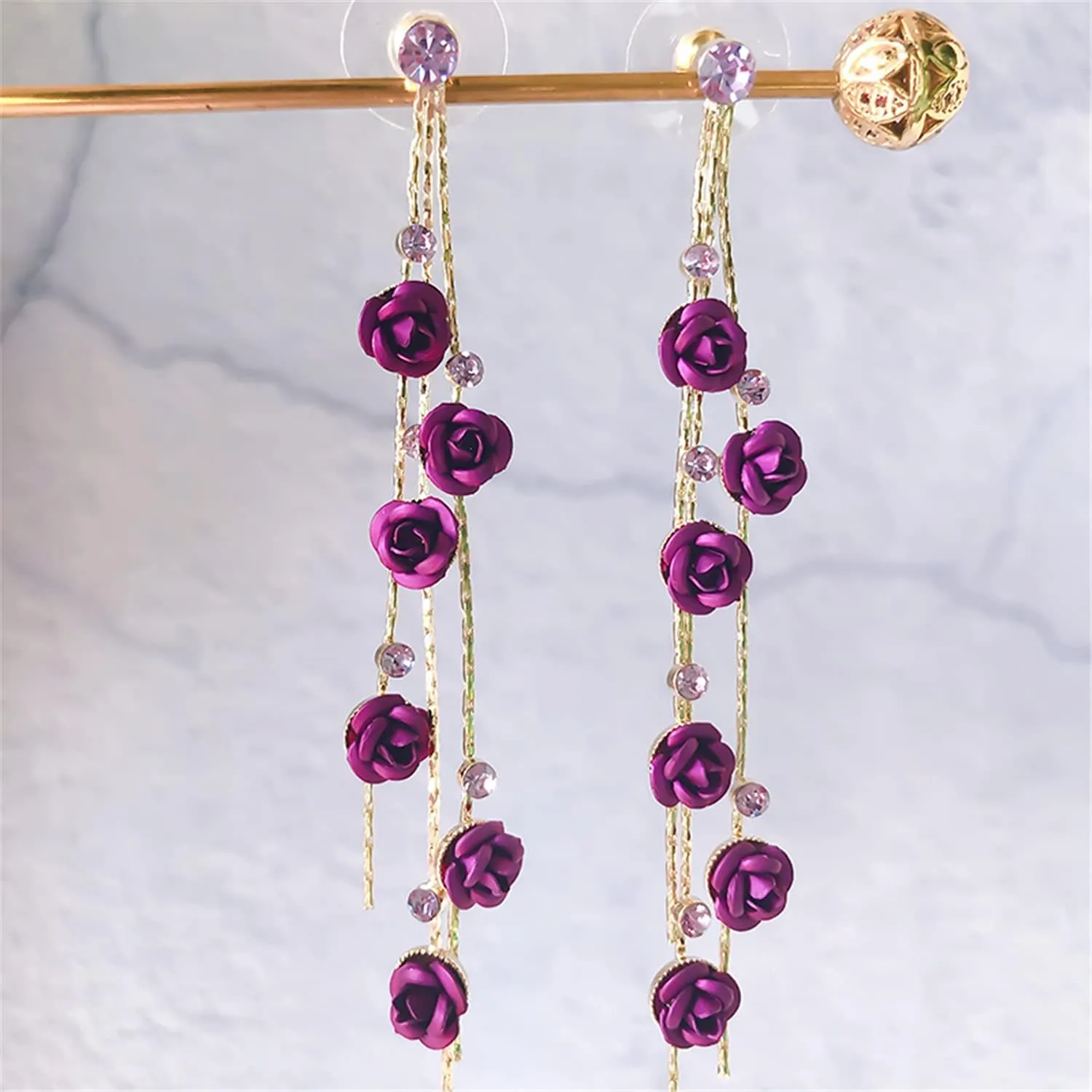 ANDPAI Unique Chic Long Tassel Chain Red Purple Rose Flower Dangle Drop Stud Earrings with White Sparkly Crystal for Women Statement Jewelry Gifts