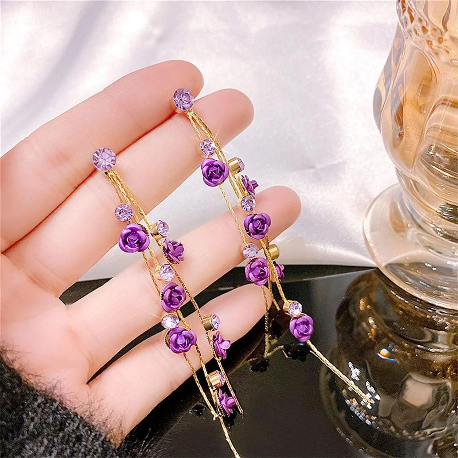 ANDPAI Unique Chic Long Tassel Chain Red Purple Rose Flower Dangle Drop Stud Earrings with White Sparkly Crystal for Women Statement Jewelry Gifts