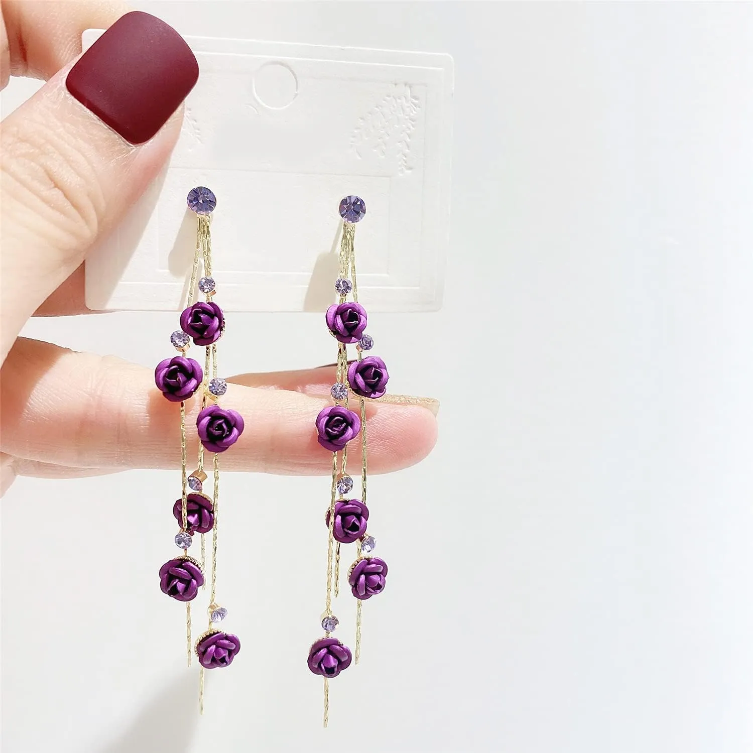 ANDPAI Unique Chic Long Tassel Chain Red Purple Rose Flower Dangle Drop Stud Earrings with White Sparkly Crystal for Women Statement Jewelry Gifts