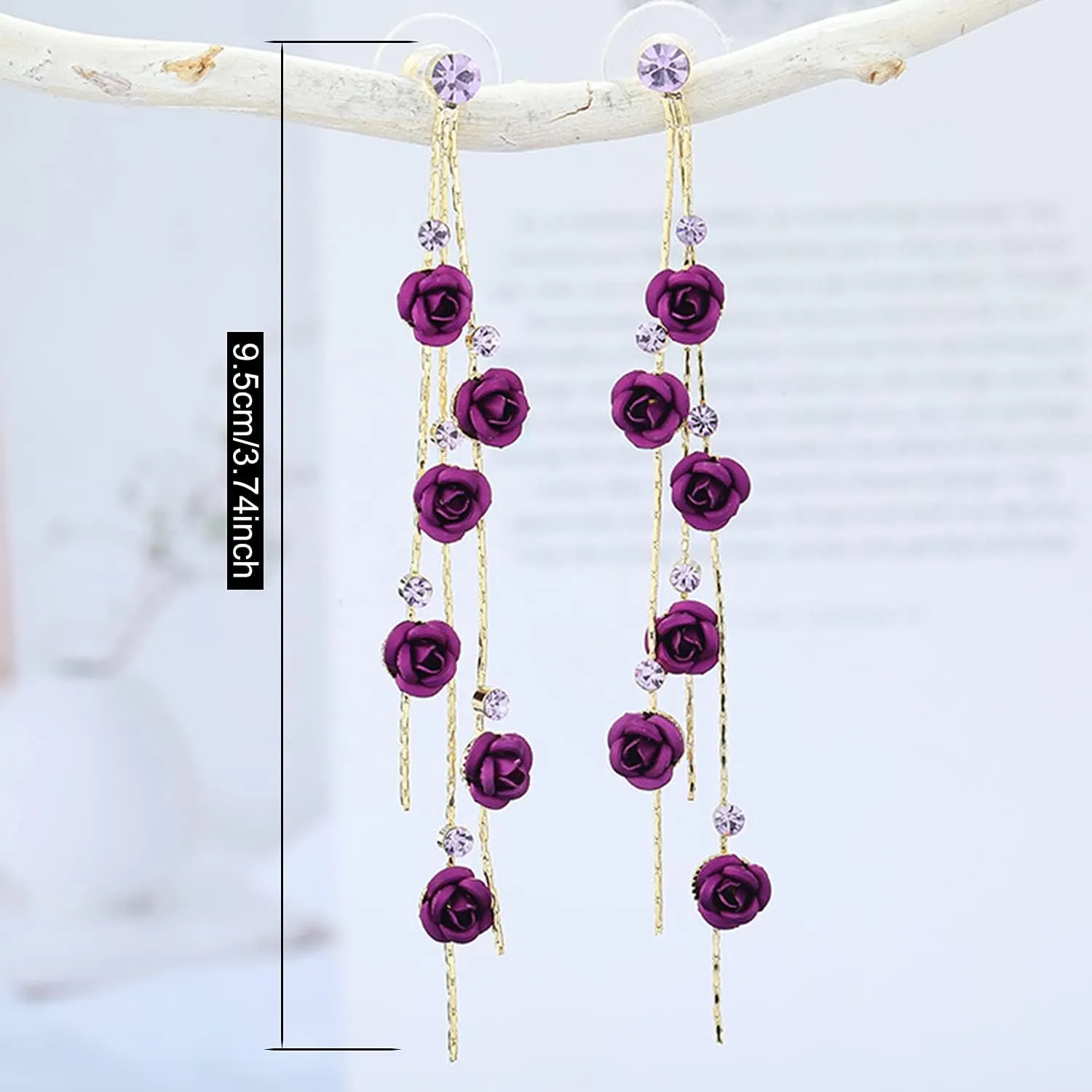 ANDPAI Unique Chic Long Tassel Chain Red Purple Rose Flower Dangle Drop Stud Earrings with White Sparkly Crystal for Women Statement Jewelry Gifts