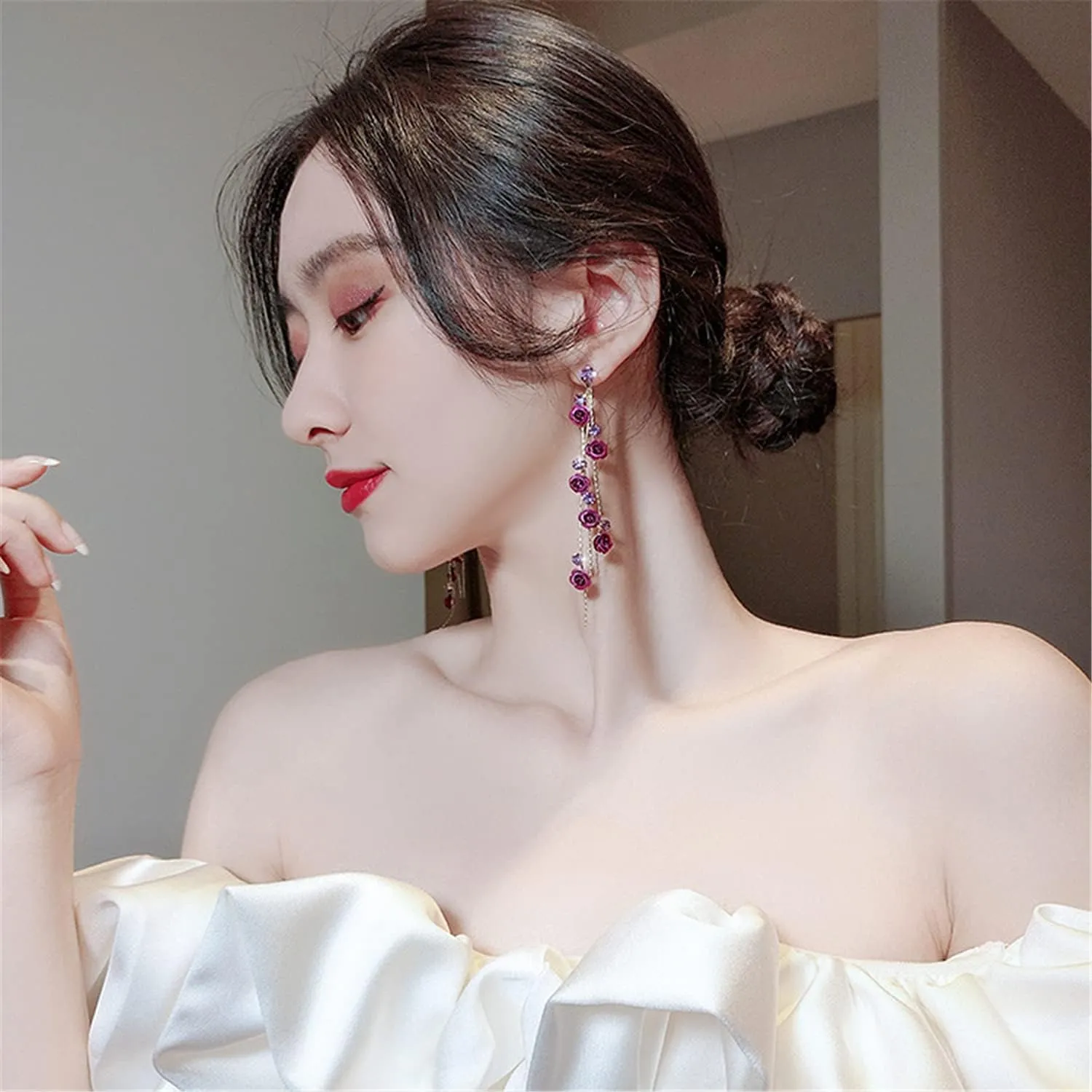 ANDPAI Unique Chic Long Tassel Chain Red Purple Rose Flower Dangle Drop Stud Earrings with White Sparkly Crystal for Women Statement Jewelry Gifts