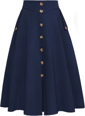 Belle Poque Womens A Line Midi Skirt Vintage Button Down Swing Skirt High Waisted Slit Pleated Skirt with Pockets
