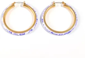 Blue and White Porcelain Hoop Earrings for Women 18k Gold Plated Silver Needle Vintage Big Round Earrings Chinese Style Unique Personalized Drop Hoop Earrings Jewelry
