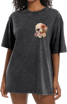 Bobeutou Oversized Vintage T Shirts for Women Skull Shirts Skeleton Gothic Graphic Acid Wash Tshirts Baggy Tee Crew Neck Tops