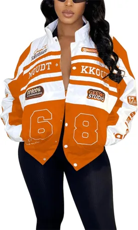 CALEBGAR Women Varsity Jacket Motorcycle Detachable Letter Graphic Racer Vintage Colorblock Baseball Coats Streetwear