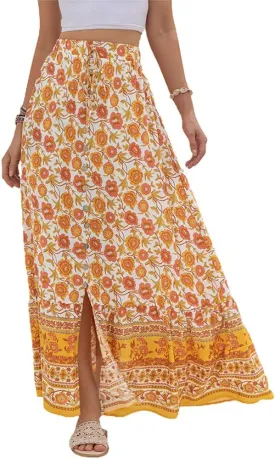 chouyatou Women's Boho Elastic Waist A-Line Floral Print Maxi Skirt Front Split