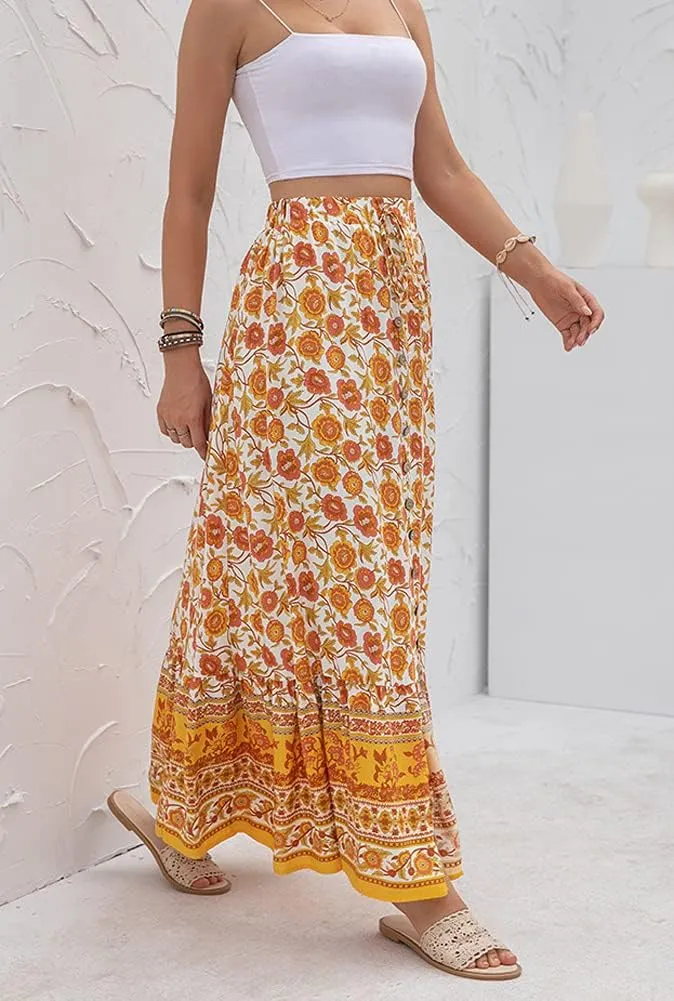 chouyatou Women's Boho Elastic Waist A-Line Floral Print Maxi Skirt Front Split
