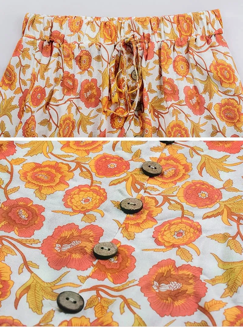 chouyatou Women's Boho Elastic Waist A-Line Floral Print Maxi Skirt Front Split