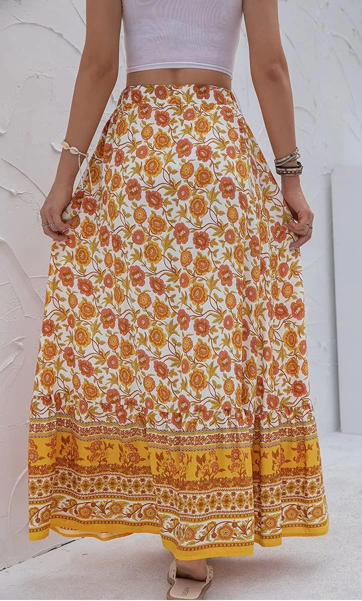 chouyatou Women's Boho Elastic Waist A-Line Floral Print Maxi Skirt Front Split