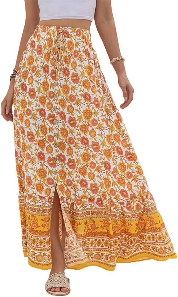 chouyatou Women's Boho Elastic Waist A-Line Floral Print Maxi Skirt Front Split