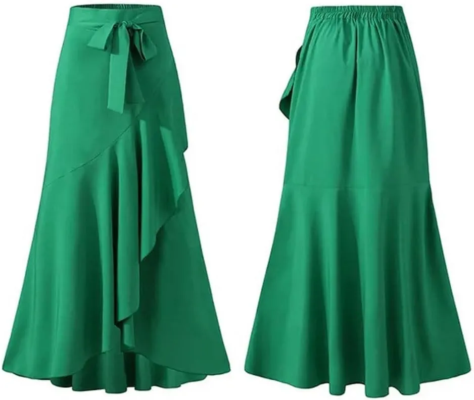 chouyatou Women's Casual Plaid Mermaid Maxi Skirt A Line Irregular Ruffle Hem Fishtail Long Skirt