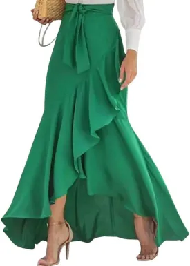 chouyatou Women's Casual Plaid Mermaid Maxi Skirt A Line Irregular Ruffle Hem Fishtail Long Skirt