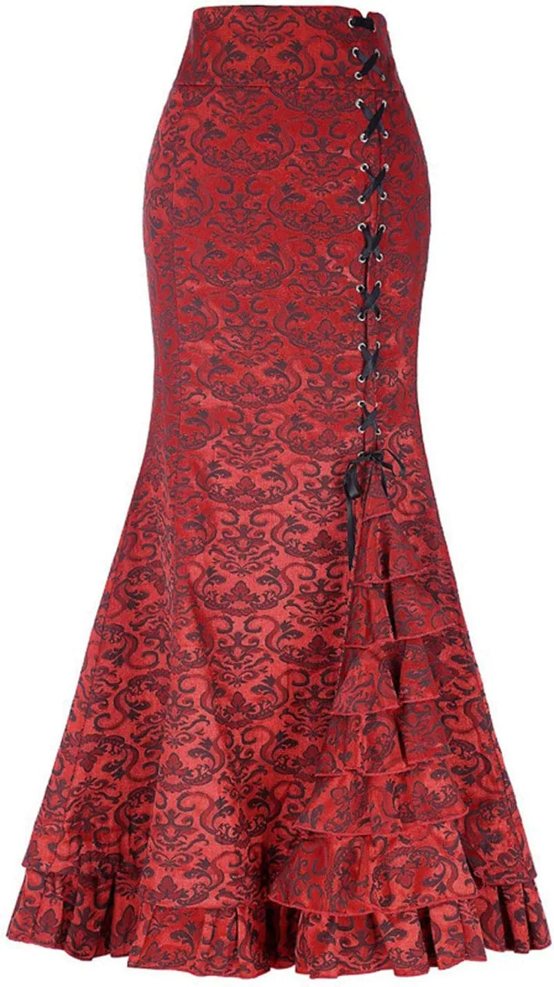 chouyatou Women's Retro Lace-Up Drawstring Tiered Ruffle Maxi Long Mermaid Pencil Skirt