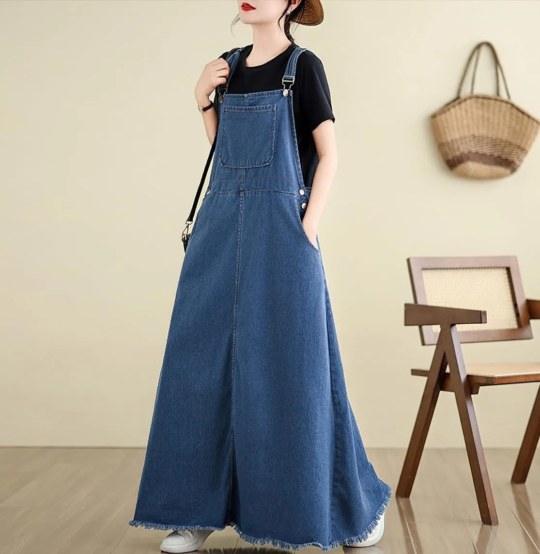 chouyatou Women's Sleeveless Denim Overall Dress Fringe Hem Slit Loose Baggy Maxi Long Bib Jumper Dress