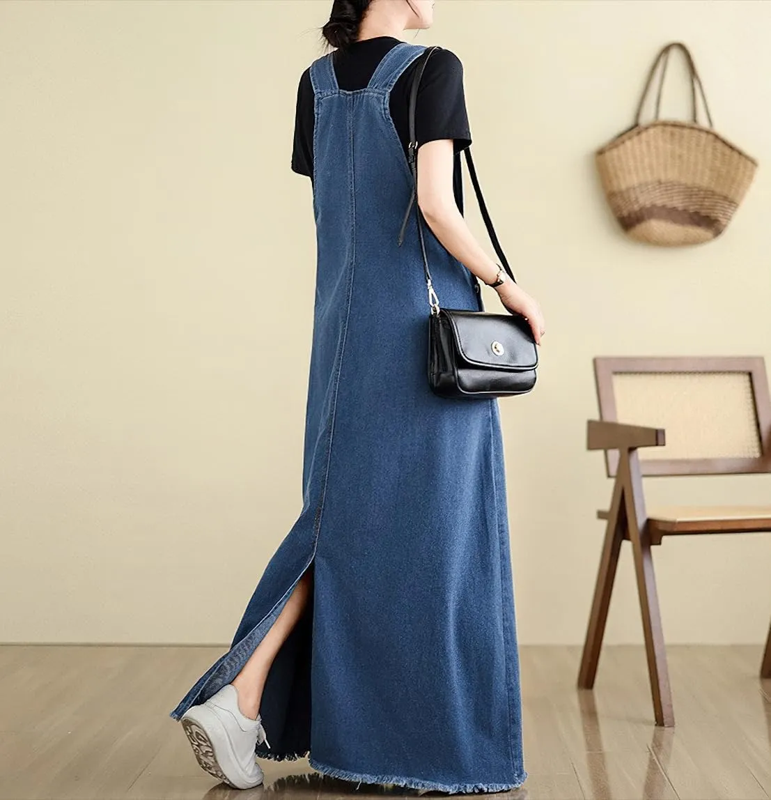 chouyatou Women's Sleeveless Denim Overall Dress Fringe Hem Slit Loose Baggy Maxi Long Bib Jumper Dress