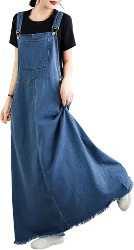 chouyatou Women's Sleeveless Denim Overall Dress Fringe Hem Slit Loose Baggy Maxi Long Bib Jumper Dress