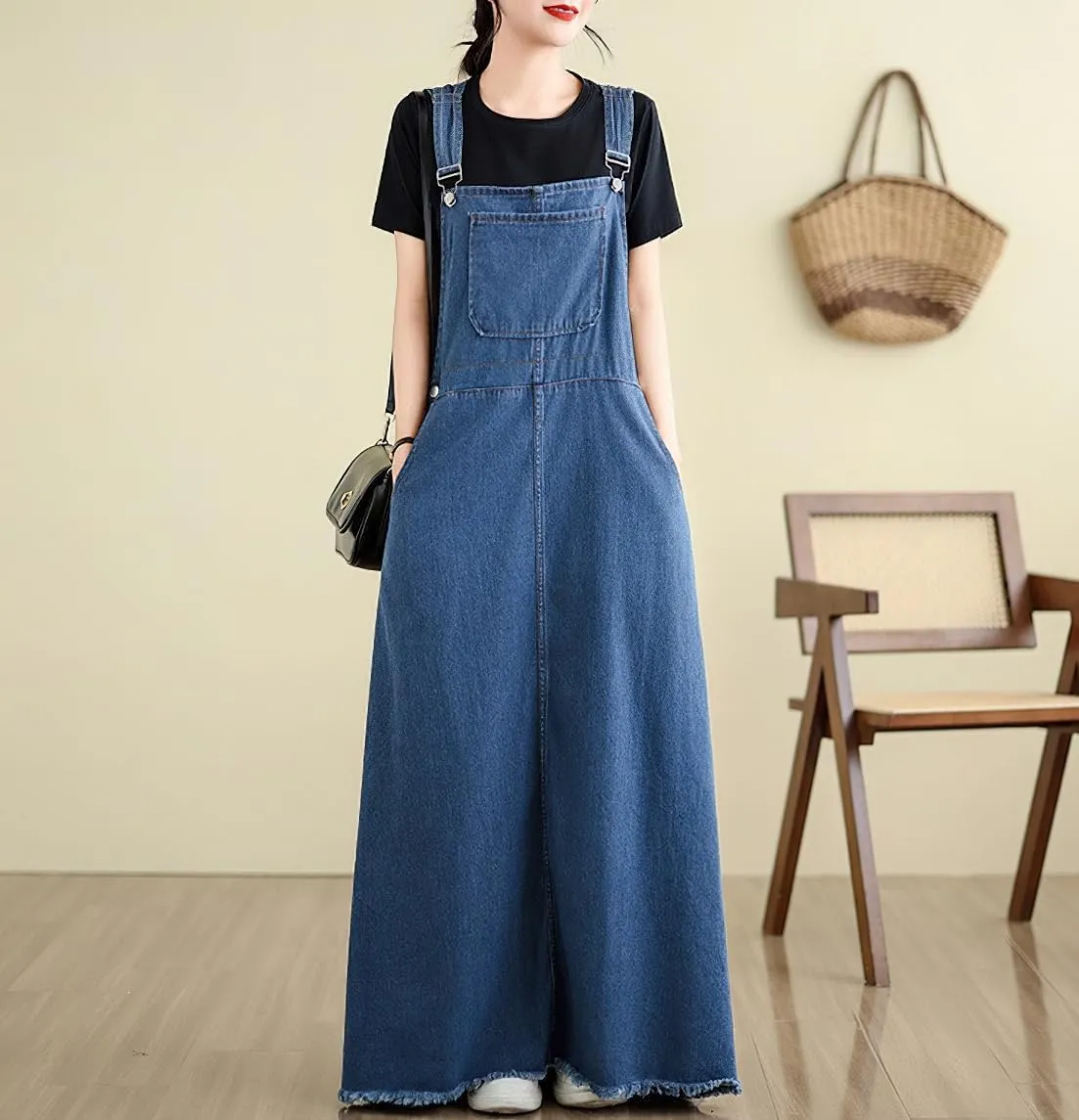 chouyatou Women's Sleeveless Denim Overall Dress Fringe Hem Slit Loose Baggy Maxi Long Bib Jumper Dress