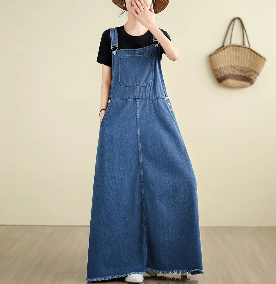 chouyatou Women's Sleeveless Denim Overall Dress Fringe Hem Slit Loose Baggy Maxi Long Bib Jumper Dress
