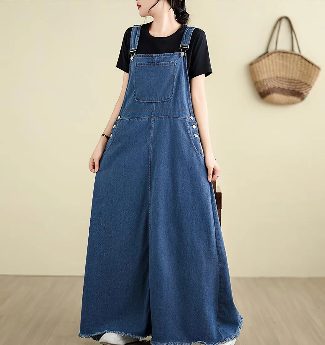 chouyatou Women's Sleeveless Denim Overall Dress Fringe Hem Slit Loose Baggy Maxi Long Bib Jumper Dress