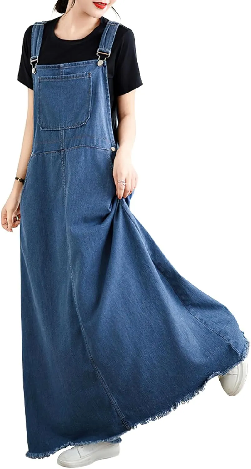 chouyatou Women's Sleeveless Denim Overall Dress Fringe Hem Slit Loose Baggy Maxi Long Bib Jumper Dress