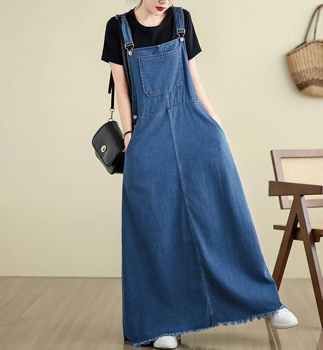 chouyatou Women's Sleeveless Denim Overall Dress Fringe Hem Slit Loose Baggy Maxi Long Bib Jumper Dress