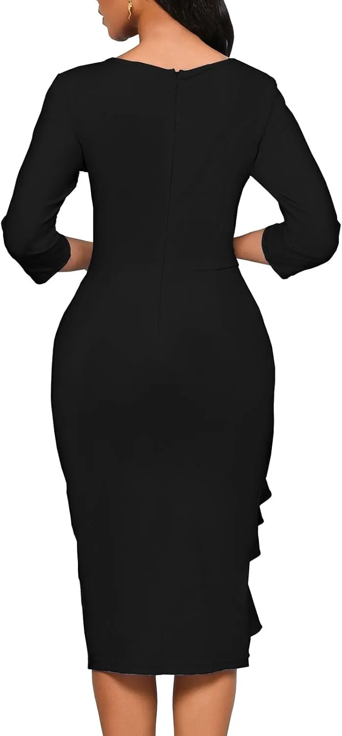 Church Dresses for Women 3/4 Sleeve Ruffle Vintage Bodycon Cocktail Work Midi Pencil Dress