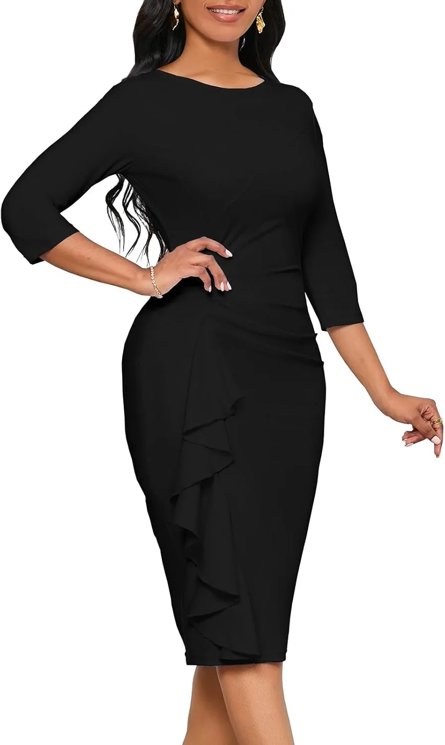 Church Dresses for Women 3/4 Sleeve Ruffle Vintage Bodycon Cocktail Work Midi Pencil Dress