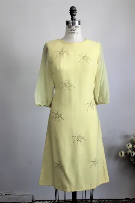 CLEARANCE: Vintage 1960s Yellow Mod Sheath Dress With Chiffon Sleeve and Starburst Beads