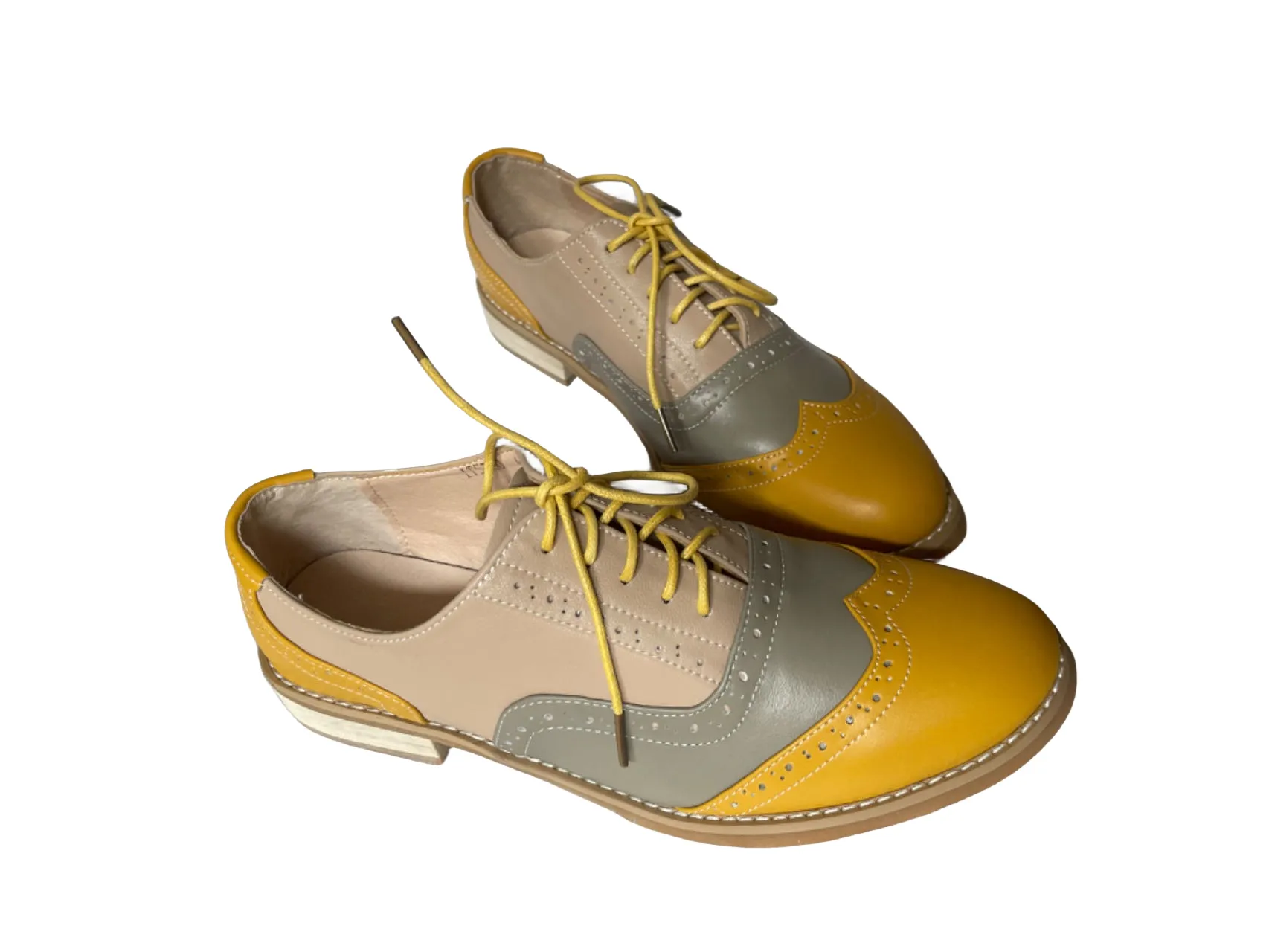 CrazycatZ Women's Leather Oxford Shoes Colorful Leather Oxfords Vintage Lace up Shoes Yellow