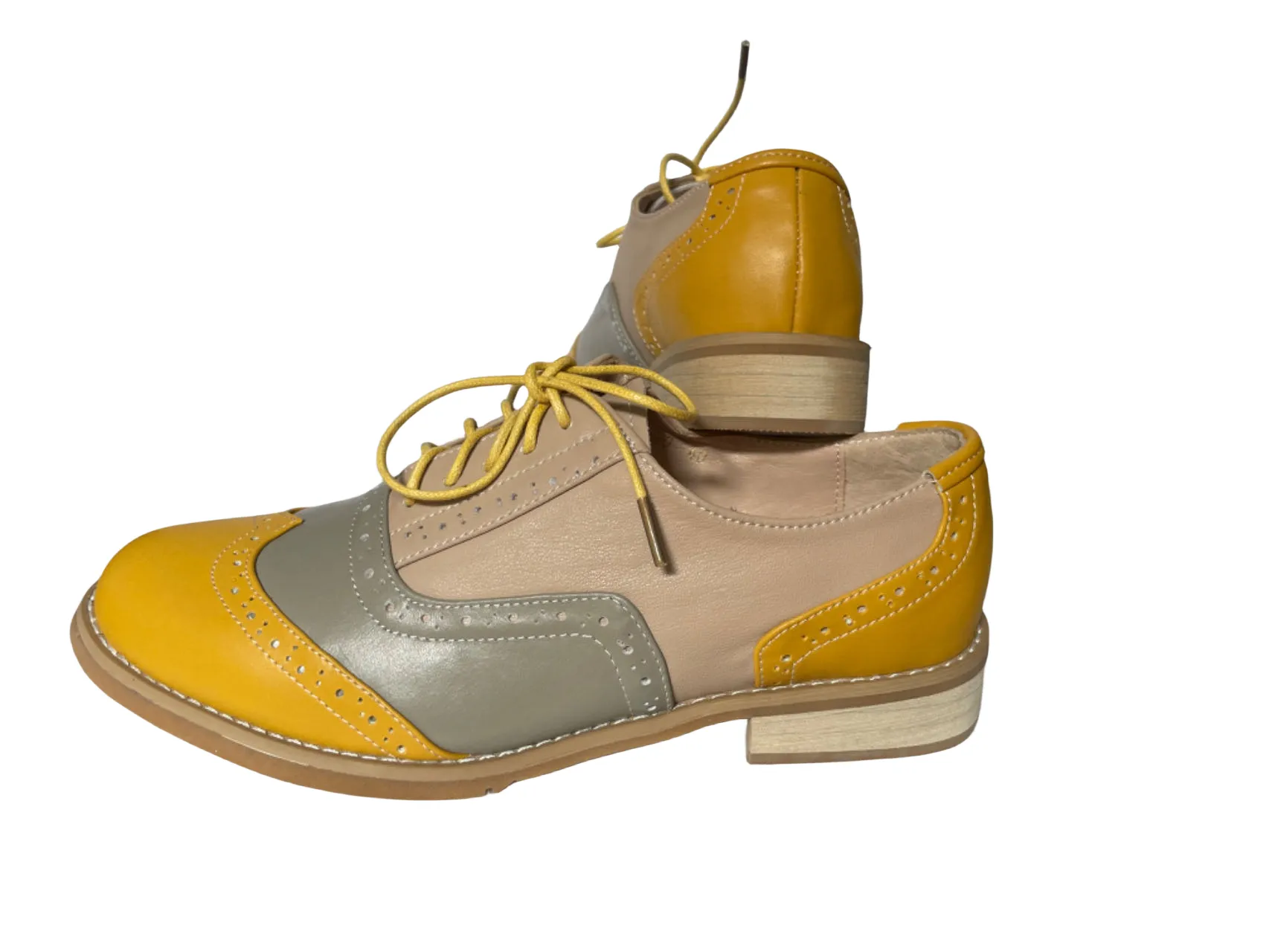 CrazycatZ Women's Leather Oxford Shoes Colorful Leather Oxfords Vintage Lace up Shoes Yellow