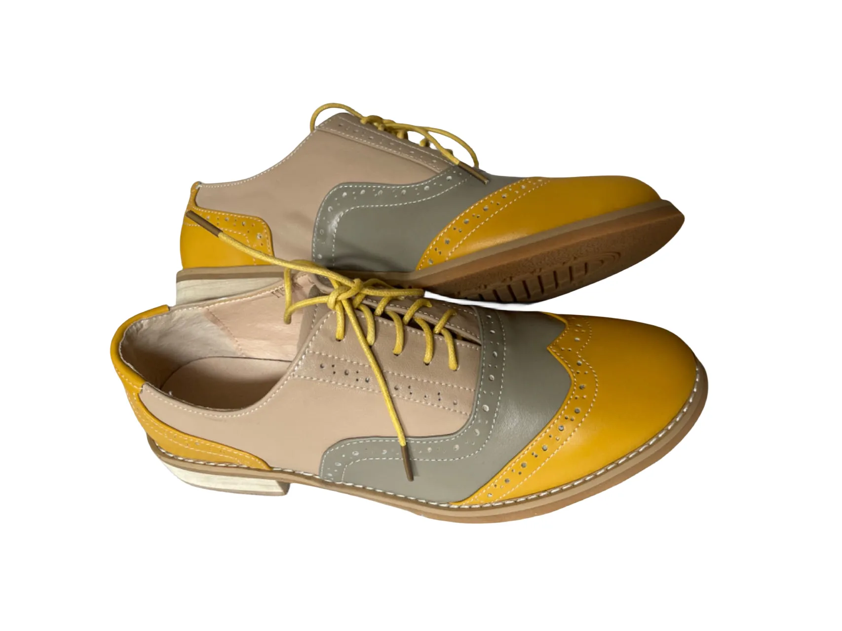 CrazycatZ Women's Leather Oxford Shoes Colorful Leather Oxfords Vintage Lace up Shoes Yellow