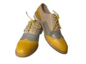 CrazycatZ Women's Leather Oxford Shoes Colorful Leather Oxfords Vintage Lace up Shoes Yellow