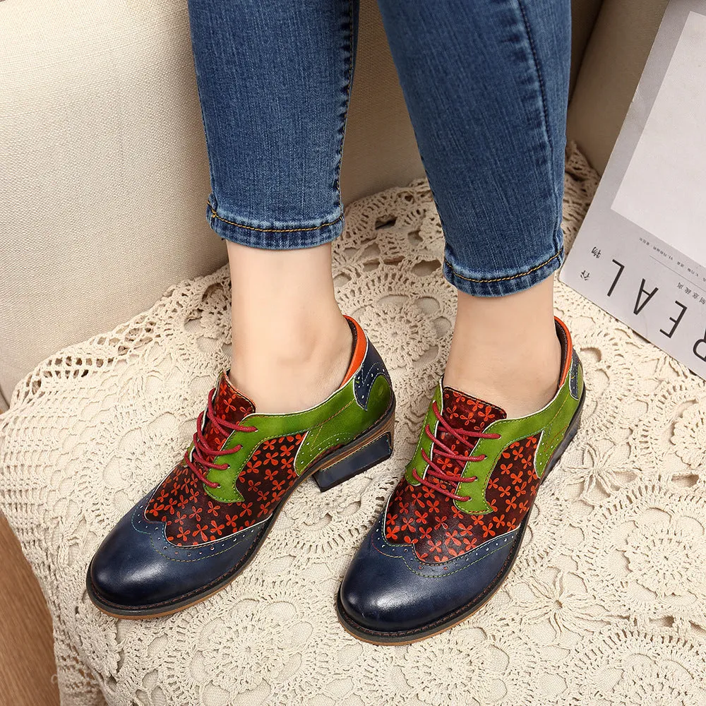 CrazycatZ Women's Vintage Leather Oxford Shoes Perforated Lace up Wingtip Colorful Leather Oxfords