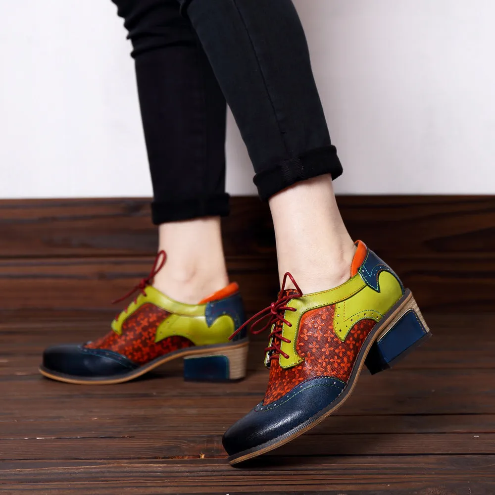 CrazycatZ Women's Vintage Leather Oxford Shoes Perforated Lace up Wingtip Colorful Leather Oxfords