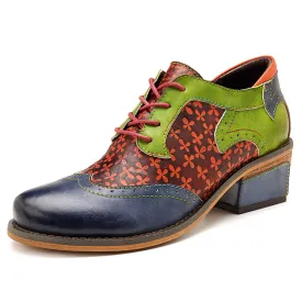 CrazycatZ Women's Vintage Leather Oxford Shoes Perforated Lace up Wingtip Colorful Leather Oxfords