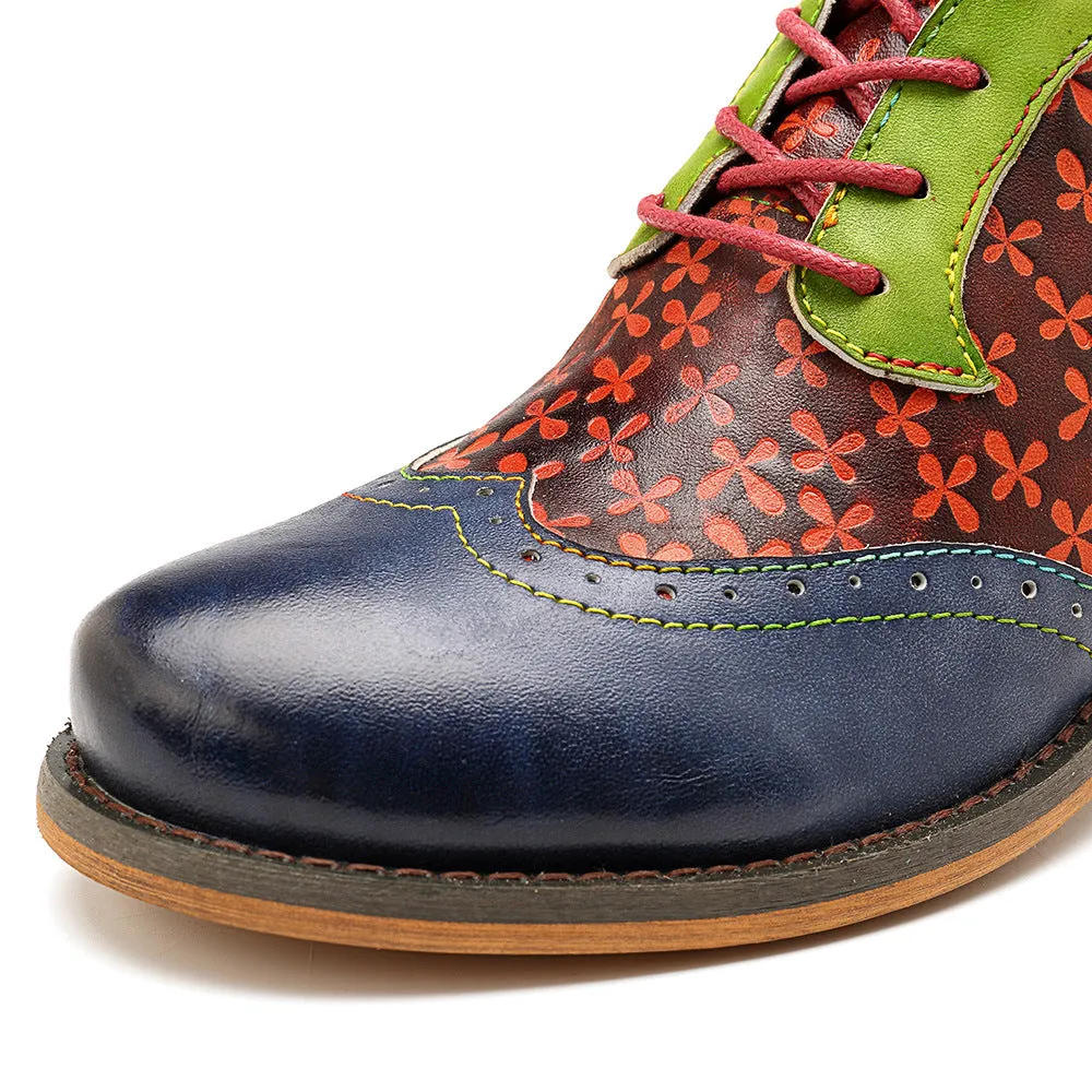 CrazycatZ Women's Vintage Leather Oxford Shoes Perforated Lace up Wingtip Colorful Leather Oxfords