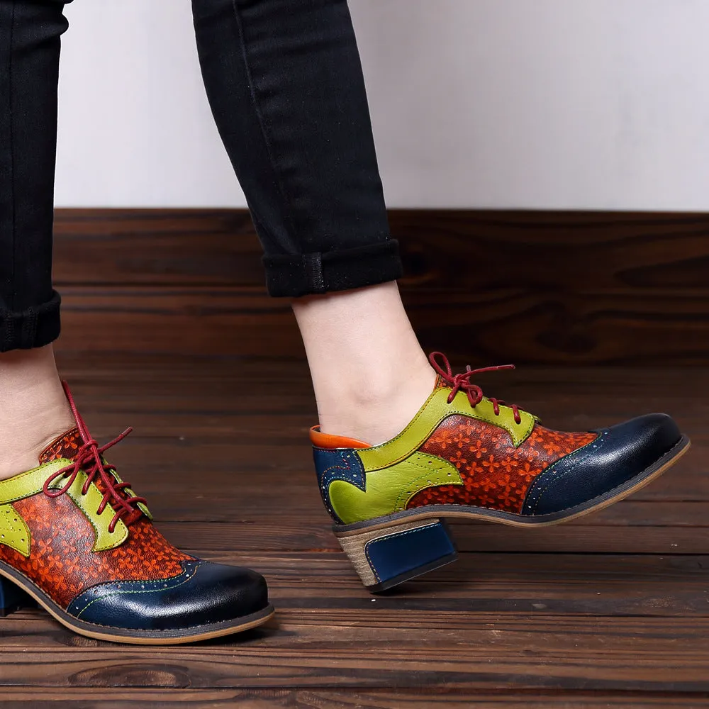 CrazycatZ Women's Vintage Leather Oxford Shoes Perforated Lace up Wingtip Colorful Leather Oxfords