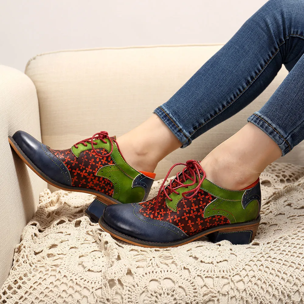 CrazycatZ Women's Vintage Leather Oxford Shoes Perforated Lace up Wingtip Colorful Leather Oxfords