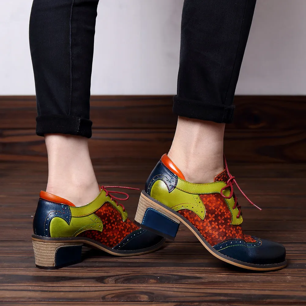 CrazycatZ Women's Vintage Leather Oxford Shoes Perforated Lace up Wingtip Colorful Leather Oxfords