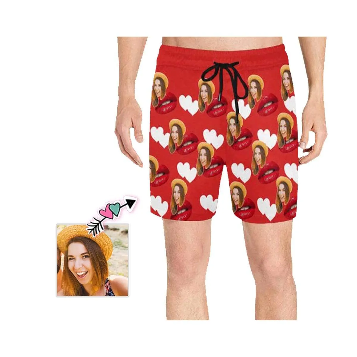 Custom Photo Red Mouth Men's Quick Dry Swim Shorts Personalized I Love My Girlfriend Swim Trunks with Sweet Pictures